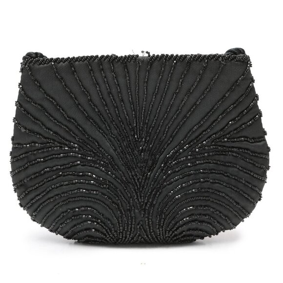 Vintage Beaded Statin Evening Bag Purse Clutch Flapper Black Retro - Picture 1 of 9